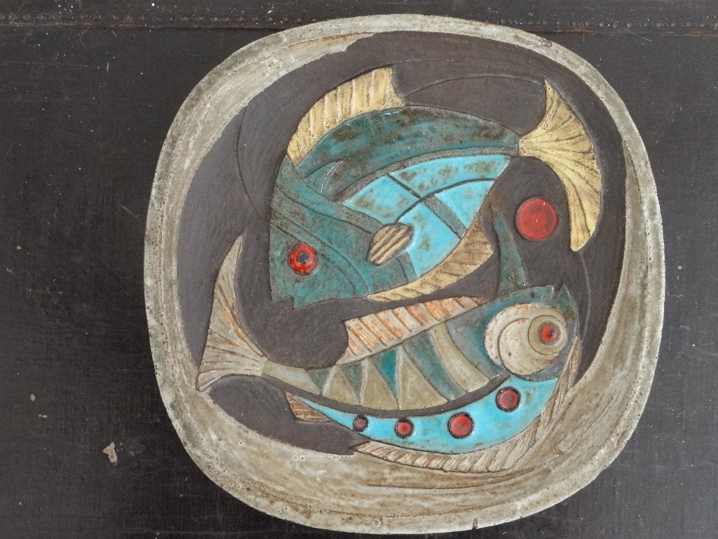 CERAMOS France, assiette décorée de 2 poissons, env. 30 cm, Antiquités & Art, Pierre/céramique, 30 cm, Assiette, Envoi