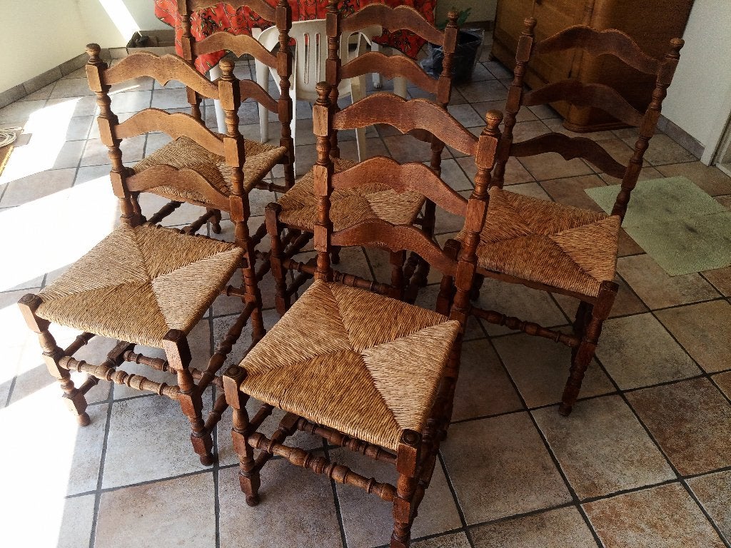 6 houten stoelen in gedraaid hout met rieten zitting, Ophalen, Gebruikt, Bruin, Hout