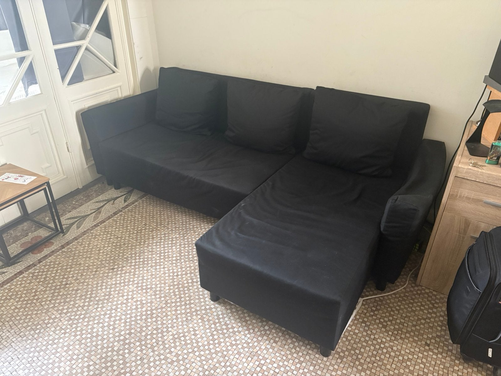 Zwarte zetel, Huis en Inrichting, Zetels | Zetels en Chaises Longues, Ophalen, Gebruikt, Driepersoons, Stof