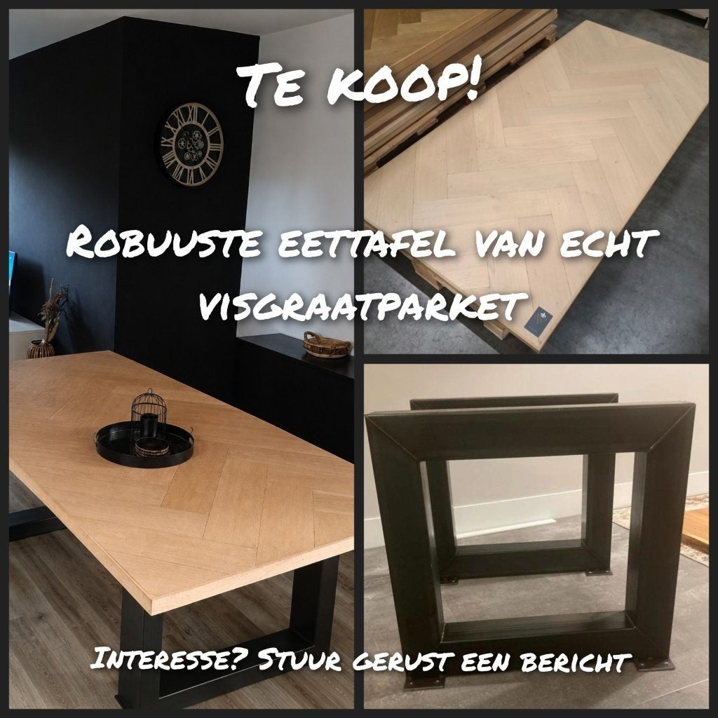 Eiken visgraat eettafel met robuust stalen onderstel, Huis en Inrichting, Tafels | Eettafels, Ophalen, 100 tot 150 cm, 200 cm of meer