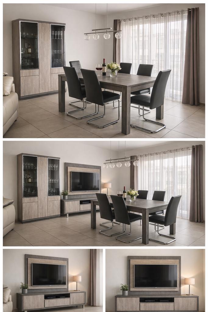 Salle à manger complète+meubles Tv murale bicolore, Ophalen of Verzenden, Zo goed als nieuw, Contemporain., 4 tot 6 stoelen