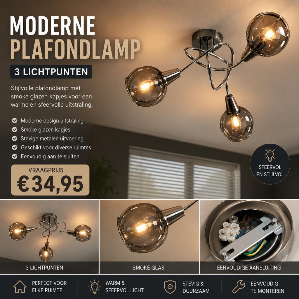 Moderne plafondlamp smoke glas – 3 lichtpunten – design, Huis en Inrichting, Lampen | Plafondlampen, Nieuw, Glas, Ophalen