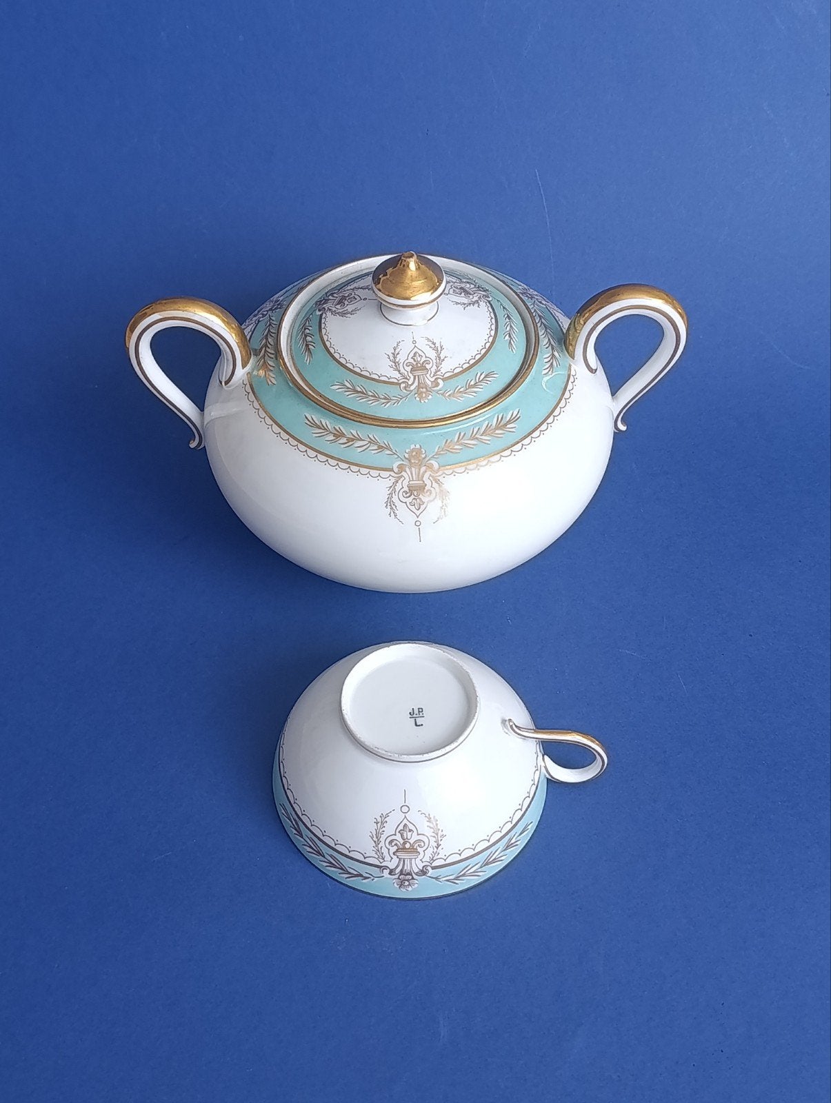 ancien sucrier tasse porcelaine blanche turquoise