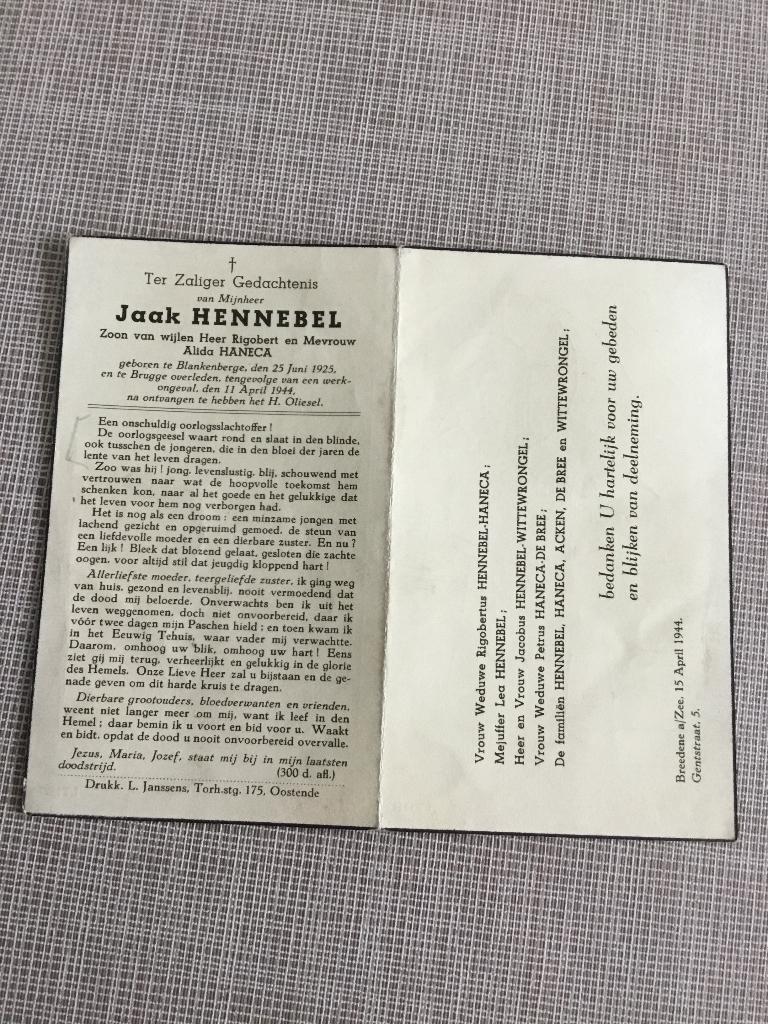 Oorlogsslachtoffer J.Hennebel Blankenberge +1944 Brugge, Verzamelen, Verzenden, Bidprentje