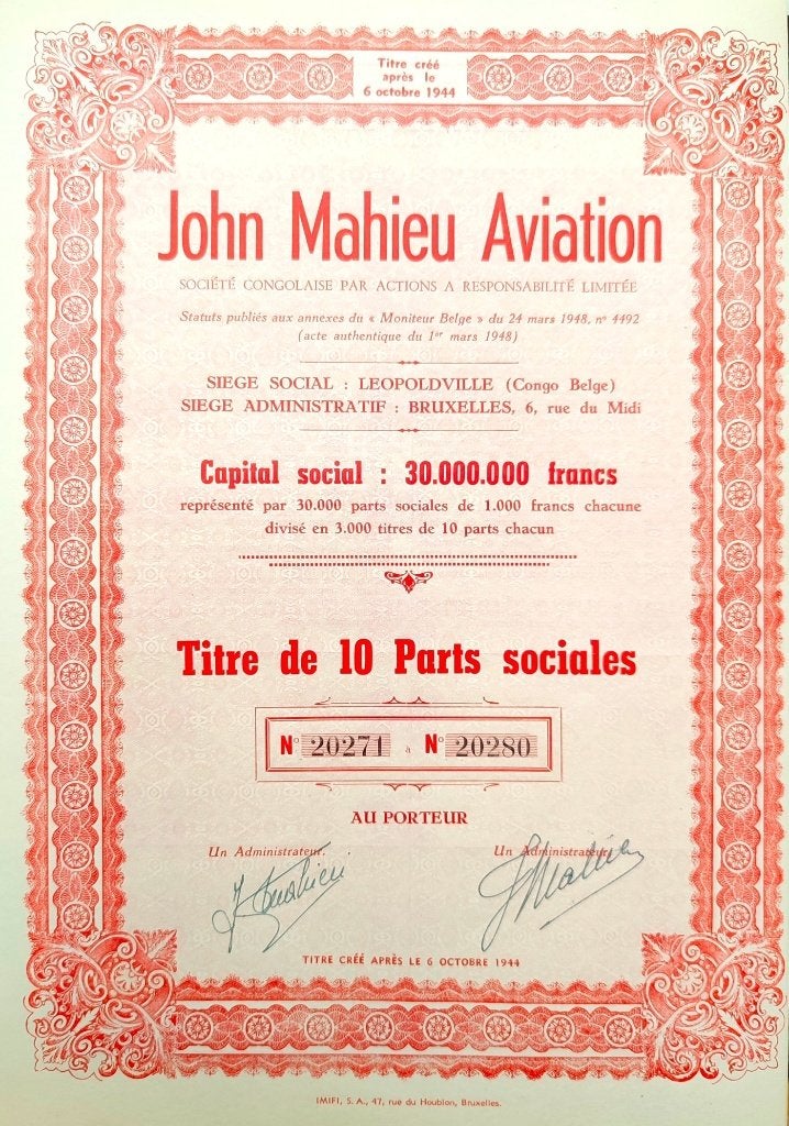 John Mahieu Aviation (Belgisch Congo) 1948, Enlèvement ou Envoi, 1920 à 1950, Action