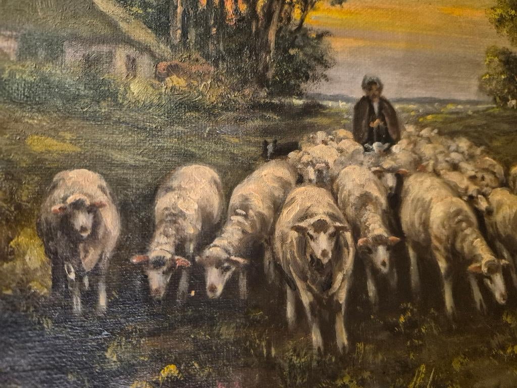schilderij van herder met zijn kudde schapen, Antiquités & Art, Art | Peinture | Classique, Enlèvement ou Envoi