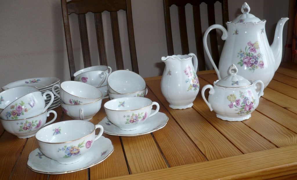 Service à café vintage fleuri porcelaine pour 12 personnes, Service complet, Vintage, Comme neuf, Enlèvement