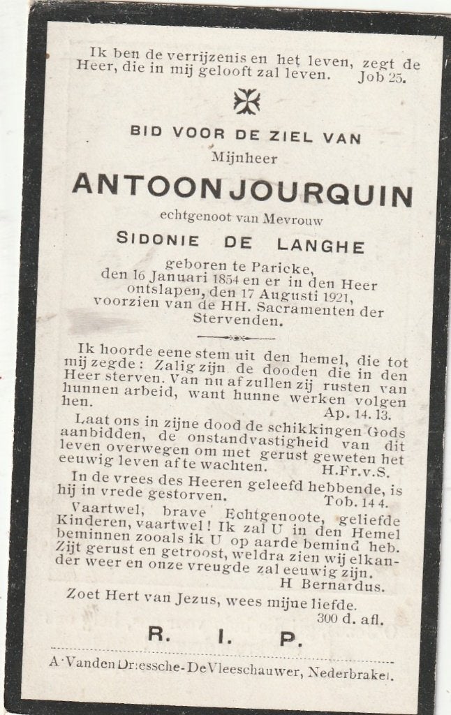 + 7 /B P JOURQUIN A PARIKE 1854 - 1921, Ophalen of Verzenden, Bidprentje
