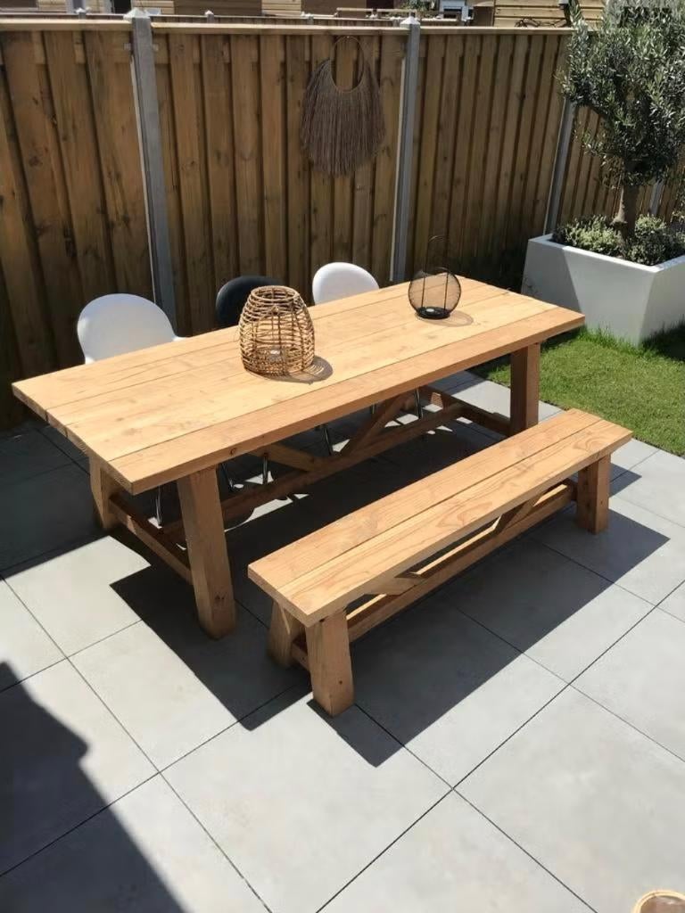 houten tuintafel + bankje op maat – robuust & stijlvol, Tuin en Terras, Ophalen of Verzenden, Hout, Bank