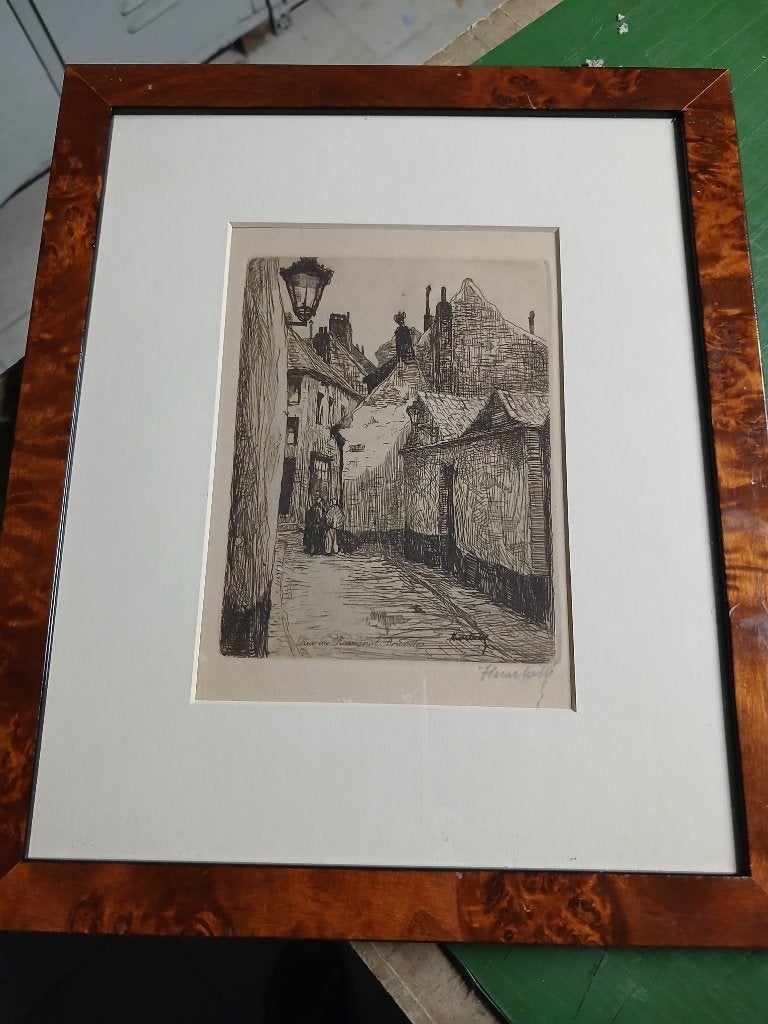 gravure signée, Rue du Rossignol, Marolles, Bruxelles, Enlèvement ou Envoi, Eau-forte, Encadré
