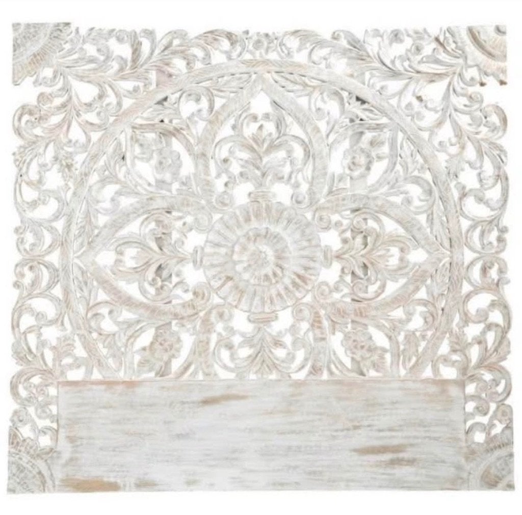 Tête de lit Maison du monde en manguier massif sculpté blanc, Comme neuf, Deux personnes, 160 cm, 220 cm