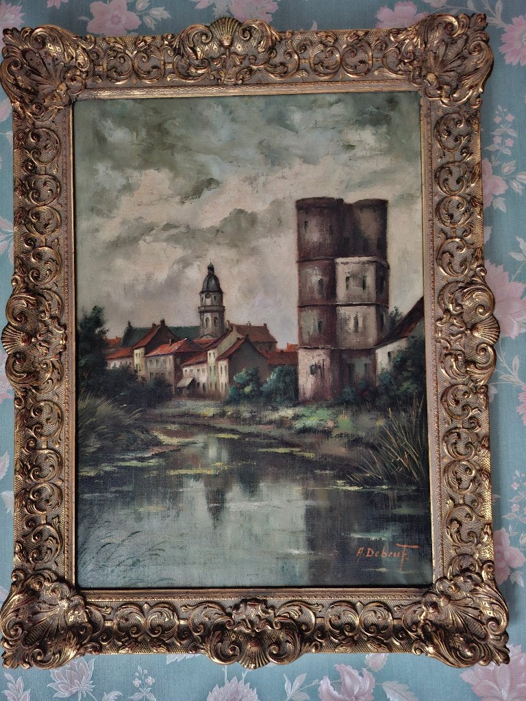 Schilderij Rupelmonde, Antiek en Kunst, Ophalen, Doek, Olieverf, Klassiek
