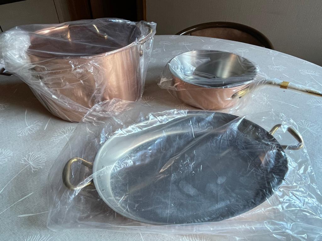 Set van 3 koperen pannen, Comme neuf, Enlèvement, Autres matériaux, Ensemble de casseroles