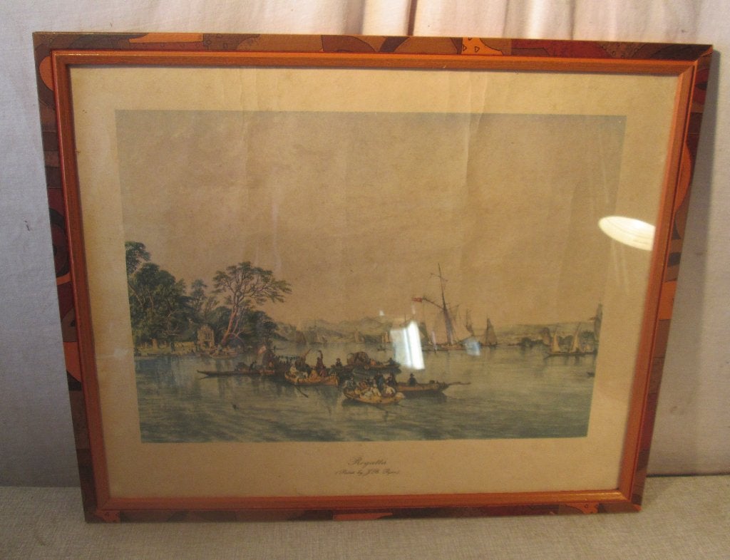 Belle gravure ancienne « Regatta » - JB Pyne - 54x44, Enlèvement ou Envoi, Paysage, Gravure, Coloré à la main