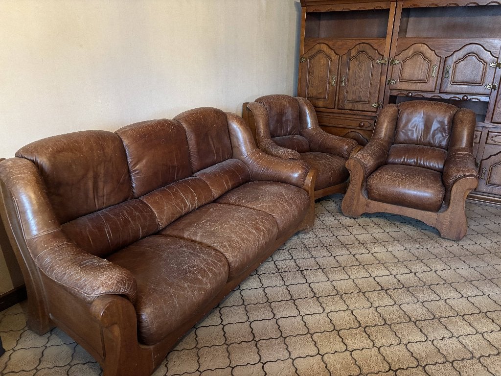 Salon chêne / cuir à restaurer, Enlèvement, Utilisé, Bois, Chêne et cuir