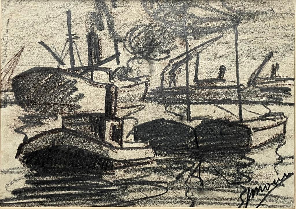 Houtskooltekening Jos Mous (1896-1968) Antwerpse haven, Antiek en Kunst, Ophalen