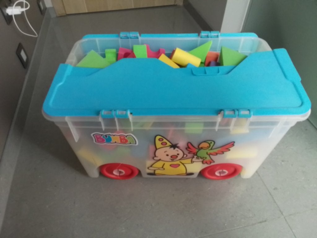 Bumba opbergbox op wielen met 200 Foam blokken, Ophalen, Zo goed als nieuw