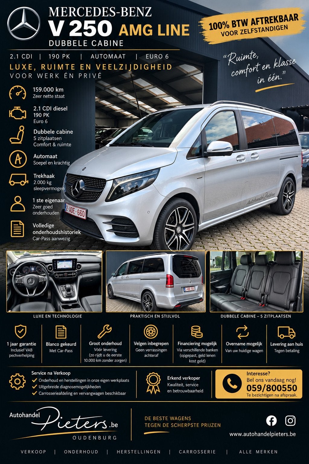 Mercedes-Benz V 250 AMG Line - Dubbele cabine - 32975€+btw, Autos, Mercedes-Benz, Cuir, Argent ou Gris, Achat, Euro 6