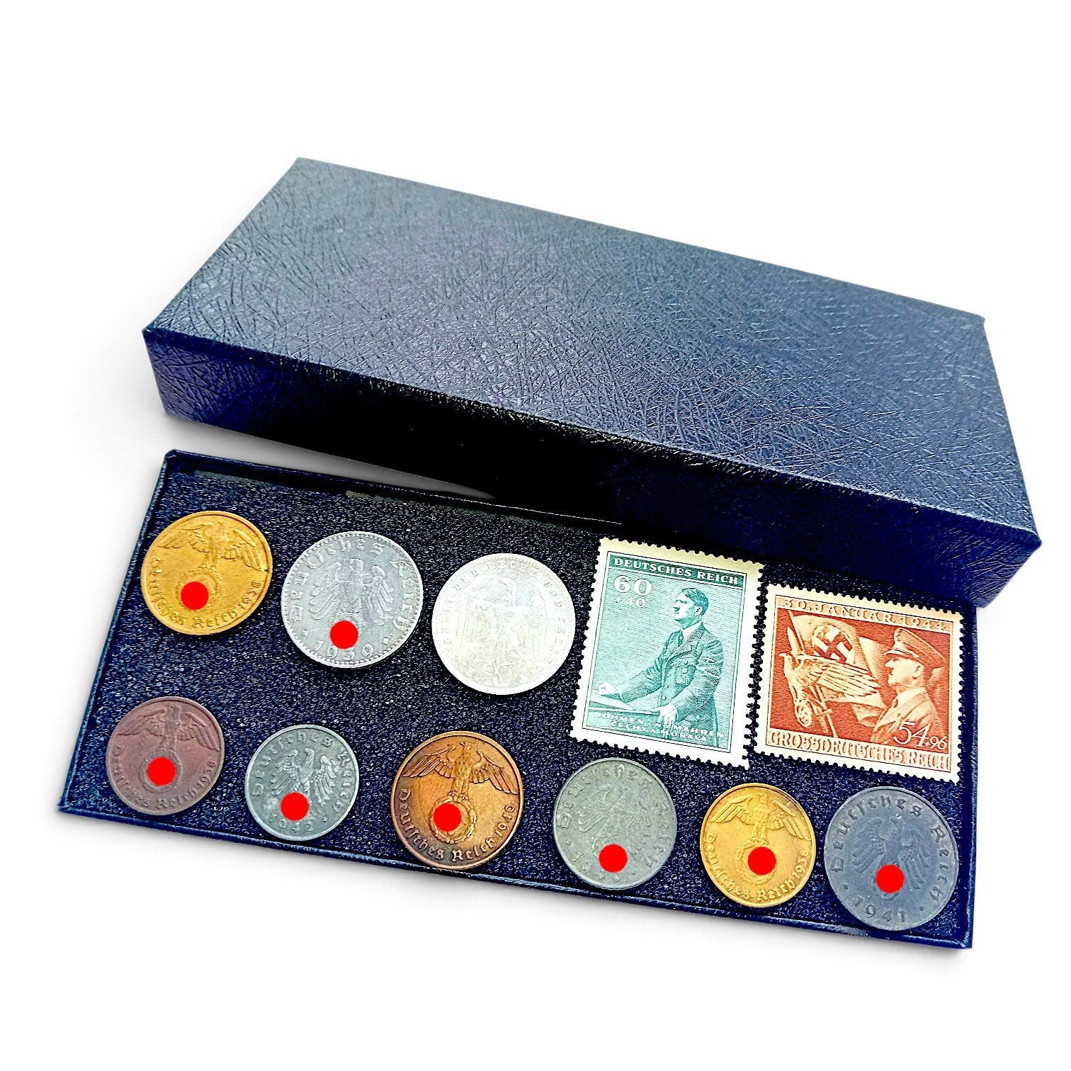 Set Reichspfennig WW2 - 9 pièces et 2 timbres dans une boîte, Timbres & Monnaies, Enlèvement ou Envoi, Allemagne, Série