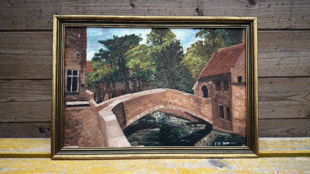 Olieverfschilderij Bonifaciusbrug Brugge – Gesigneerd, Cadre spécial, Enlèvement ou Envoi, Peinture à l'huile, Paysage