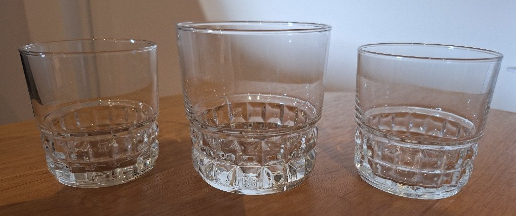 Set van 3 vintage quadrille glazen van BP (jaren '70), Ophalen of Verzenden, Zo goed als nieuw, Overige typen