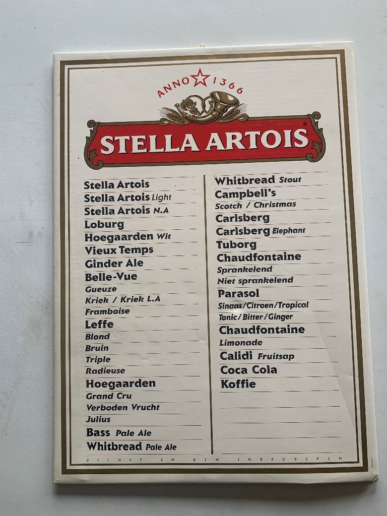 2 vintage prijslijsten Stelle Artois, Verzamelen, Biermerken, Ophalen, Nieuw, Overige typen, Stella Artois