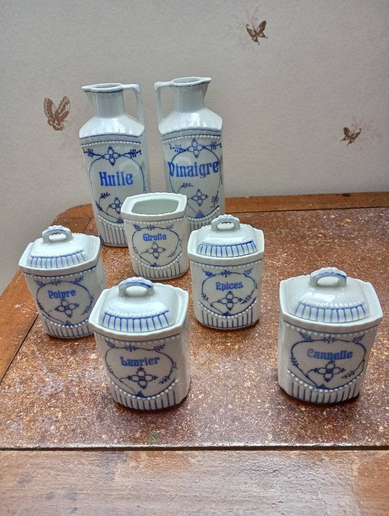 Bocaux de rangement vintage blanc-bleu, Autres marques, Pot de stockage, Comme neuf, Enlèvement