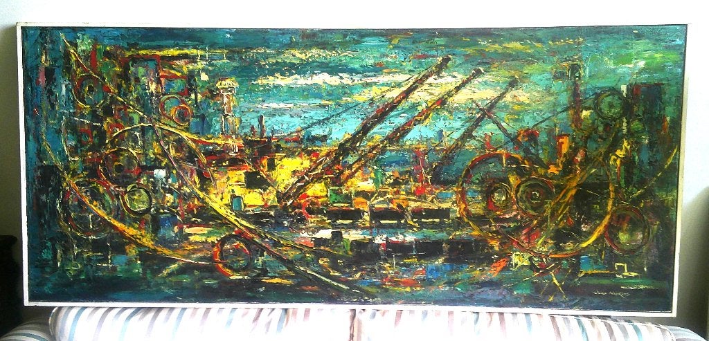 GROOT - Bedrijvigheid in haven ? - Jaap Nefkens 1926-1999, Ophalen, Doek, Expressionistisch, Gesigneerd