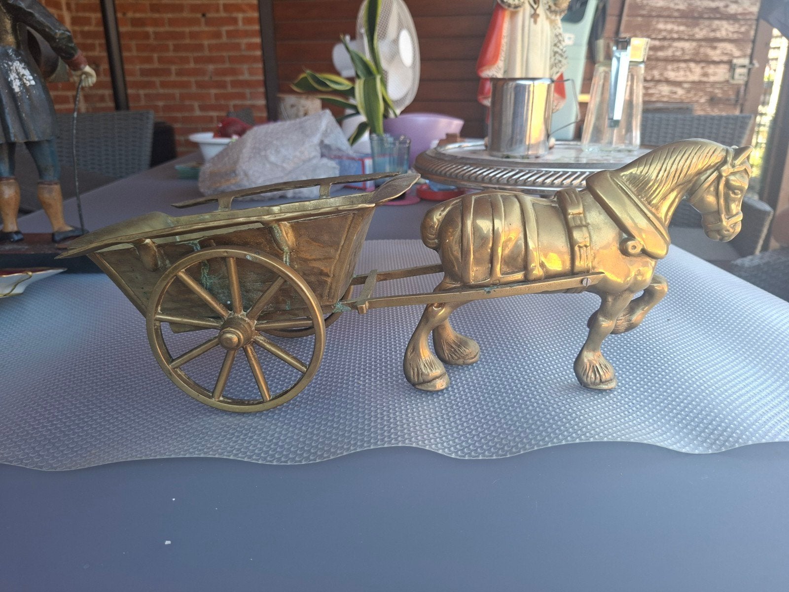 Magnifique cheval et calèche vintage en laiton — Statue déco, Enlèvement
