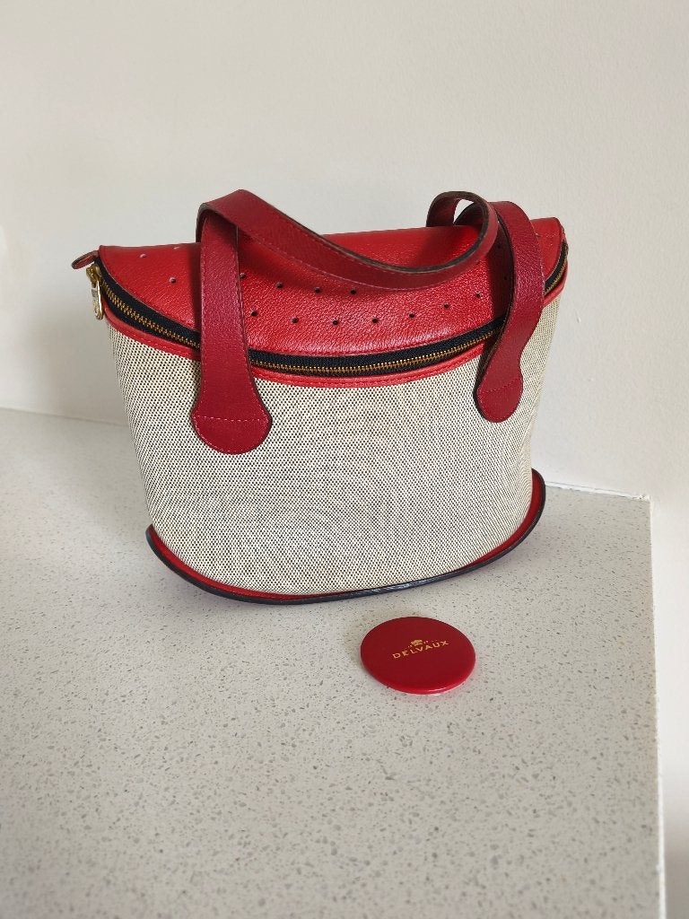 Delvaux handtas, model Songe, rood leder + canvas, Handtassen en Accessoires, Tassen | Damestassen, Ophalen of Verzenden, Gebruikt