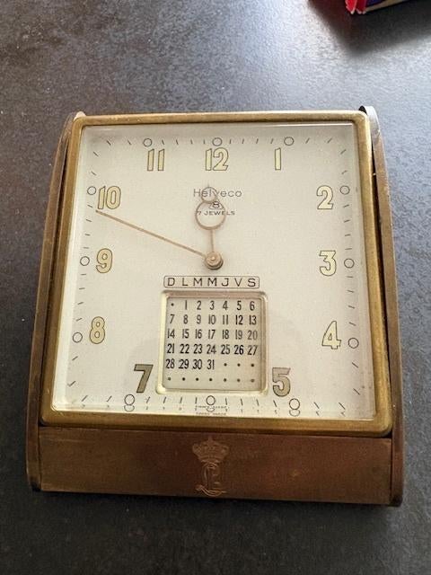 Vintage Helveco Brass Desk Clock, Swiss Made Calendar Clock, Ophalen of Verzenden, Overige materialen, Overige merken, 1930 tot 1960