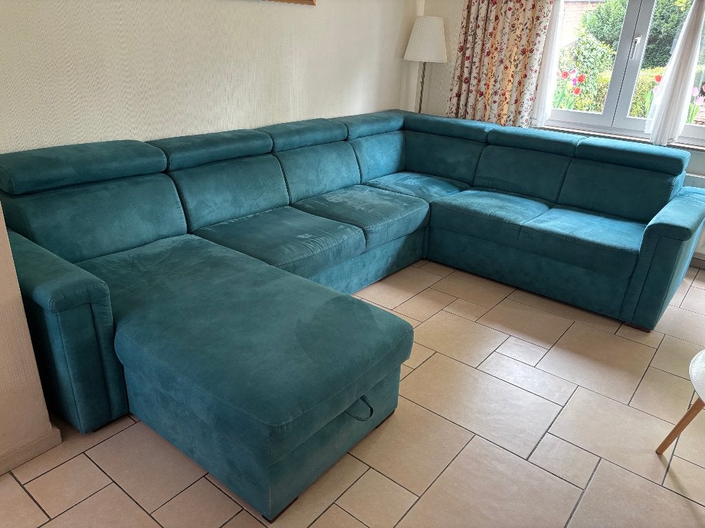 canapé en U tissu alcantara bleu azur, Ophalen, Hout, Hoekbank, 300 cm of meer