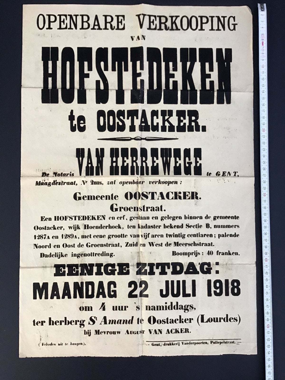 Authentieke affiche uit 1918, Herberg St Amand Oostacker., Ophalen of Verzenden, Zo goed als nieuw