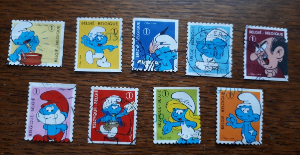 9 timbres Belgique Schtroumpfs, Enlèvement ou Envoi, Sans enveloppe, Affranchi, Timbre-poste