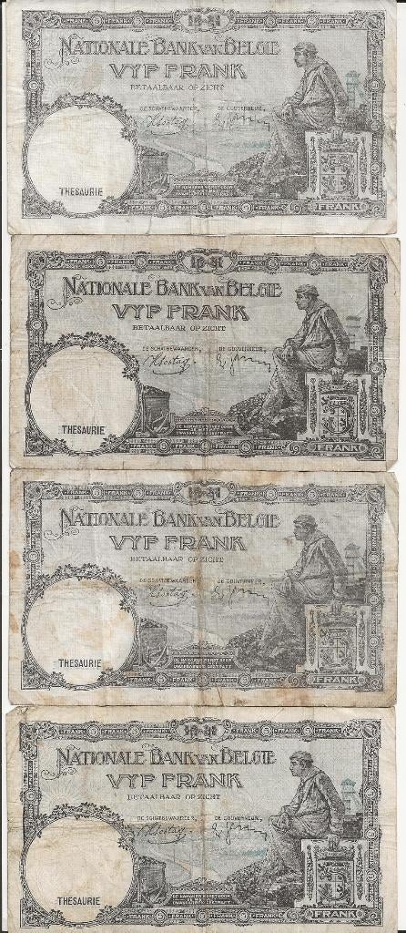biljet belgie 5fr 4x  1926-1940, Ophalen of Verzenden, Setje