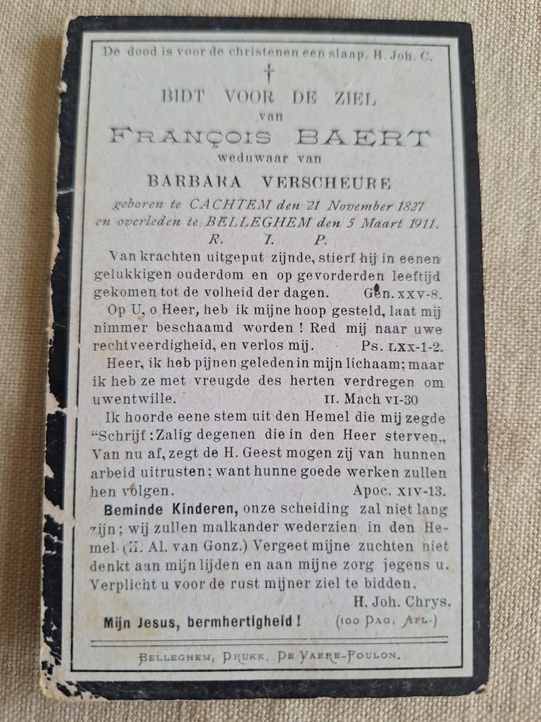 Bidprentje François Baert Kachtem 1827 - Bellegem 1911, Ophalen of Verzenden, Bidprentje