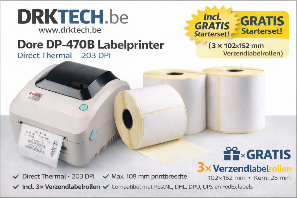 Doree DP-470B Labelprinter 203 DPI+ Gratis Startset 3 Labels, Info@drktech.be, Oosterwennel 35 Genk, Nieuw, Ophalen of Verzenden