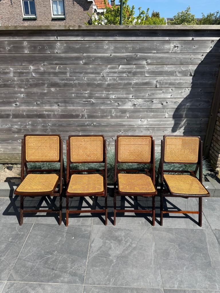 4 Vintage Webbing klapstoelen, jaren 60, Ophalen, Gebruikt, Bruin, Hout