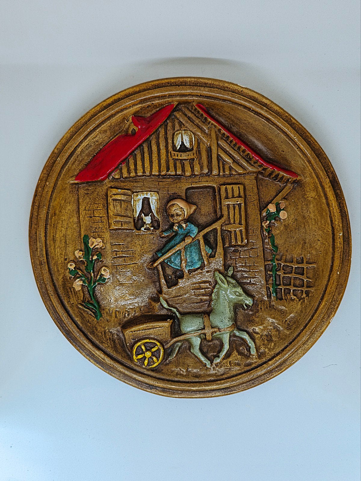 Vintage 3D Wandbord Hout Rustiek Tafereel met Ezel en kar, Ophalen of Verzenden