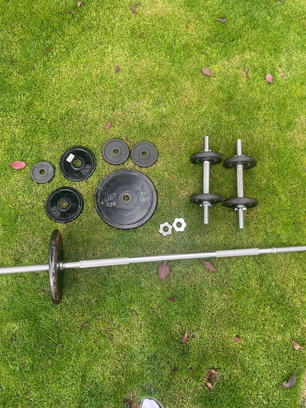 Halter set + barbell + losse gewichten, Ophalen, Gebruikt