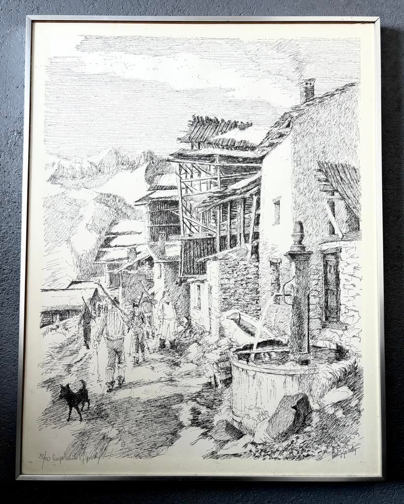 Gesigneerde gravure, gelimiteerd 28/50, aluminium frame, Ophalen