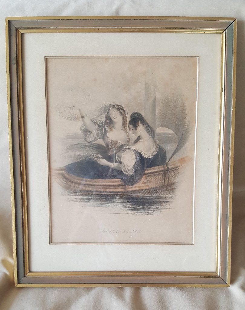 Kleurenlithografie 2 vrouwen in een kleine zeilboot, Ophalen of Verzenden