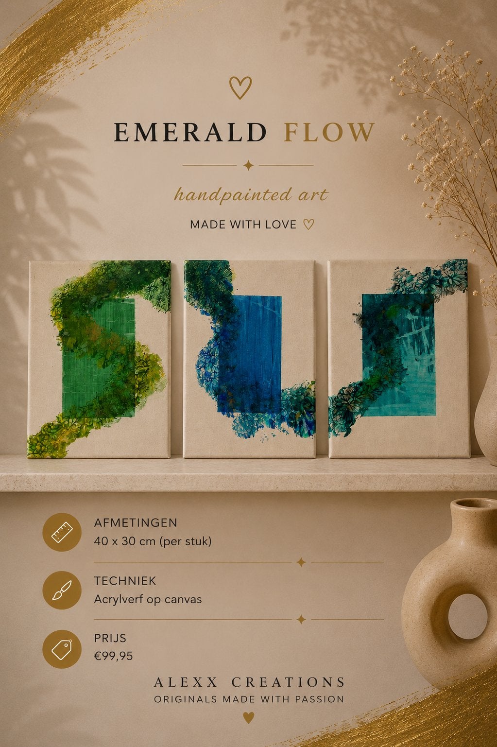 Emerald Flow | Handgemaakt drieluik, Ophalen of Verzenden
