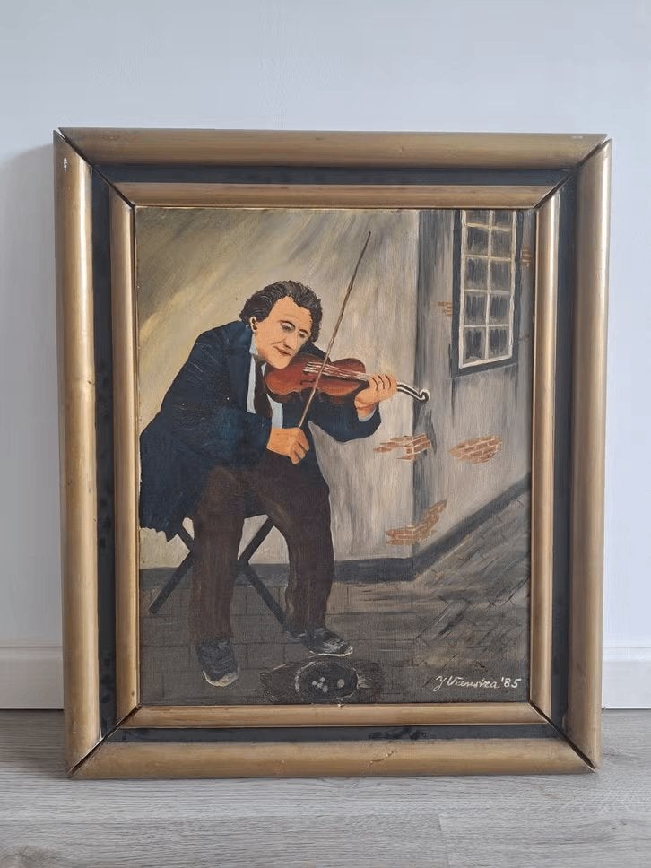 Olieverfschilderij Vioolspeler gesigneerd '85, Antiek en Kunst, Kunst | Schilderijen | Klassiek, Doek, Portret of Personen, Realistisch