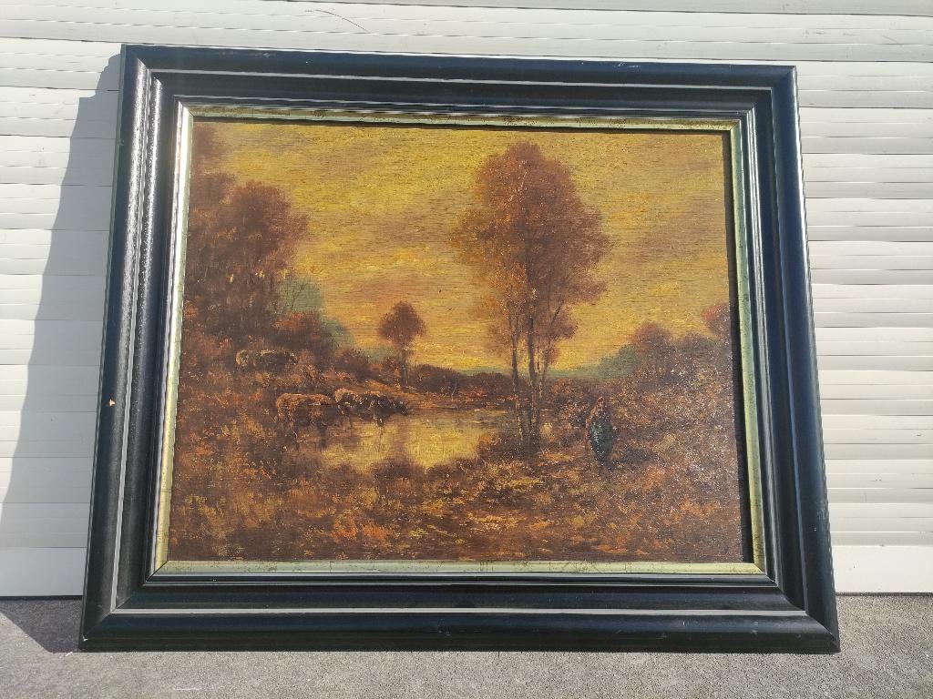 Huile sur panneau vaches au ruisseau signe Paul schouten, Antiquités & Art, Enlèvement ou Envoi