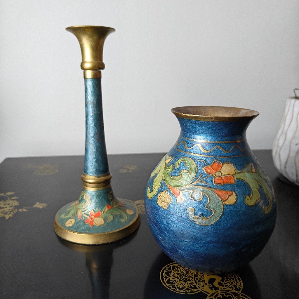Vintage set van messing vaas + kandelaar, Antiek en Kunst, Verzenden