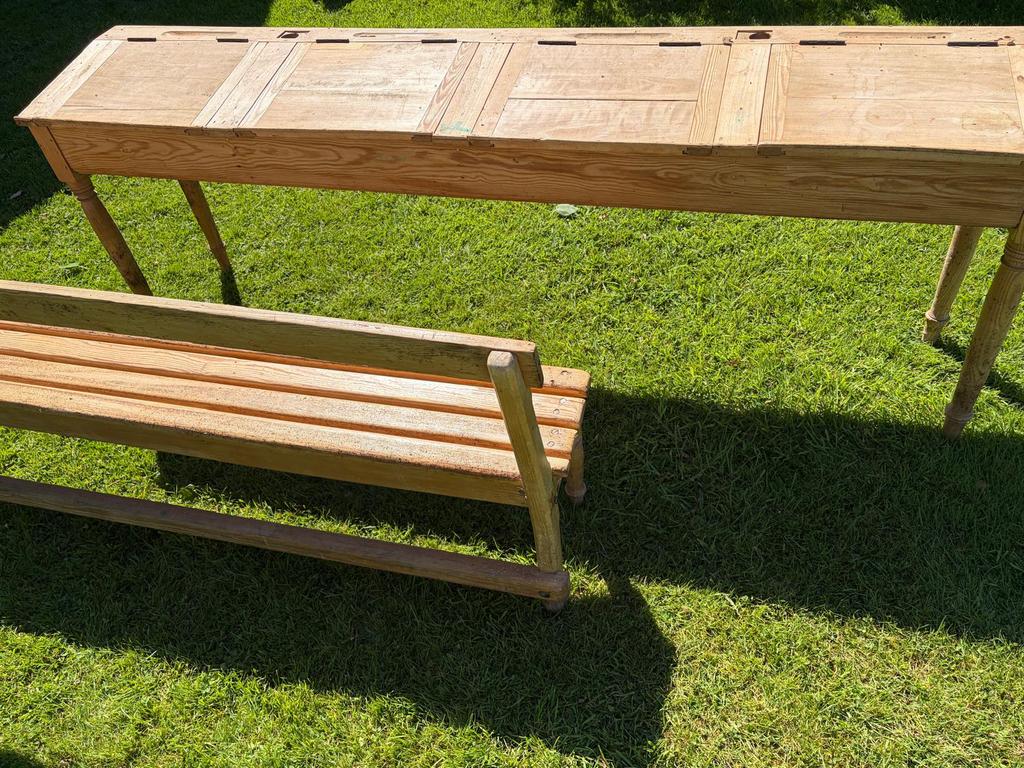 Banc écolier / pupitre ancien de 3 mètres, Maison & Meubles, Bureaux, Bureau d'écolier, 300 cm, Vintage, Enlèvement