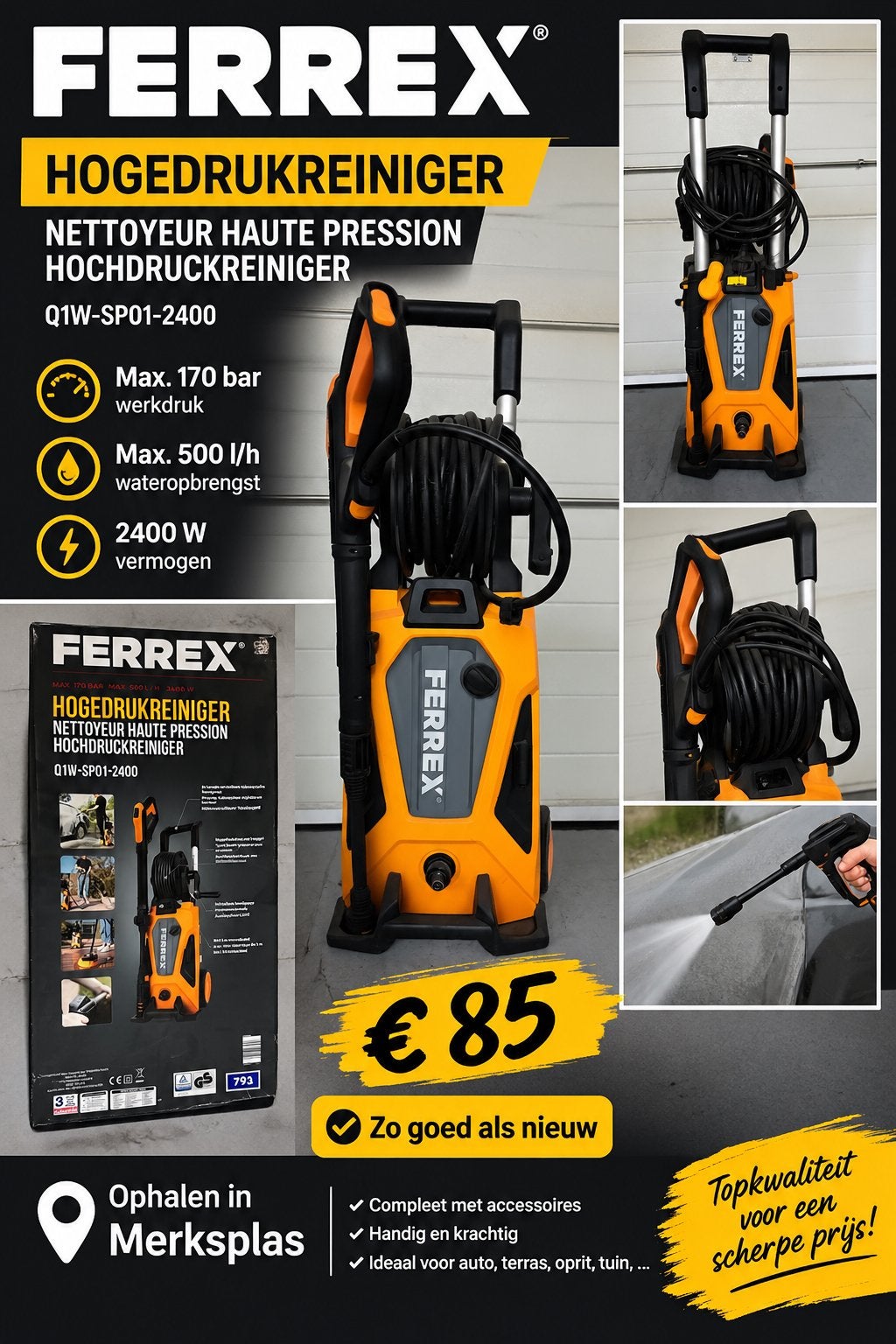 FERREX Hogedrukreiniger 2400W – 170 bar – Zo goed als nieuw, Jardin & Terrasse, Enlèvement