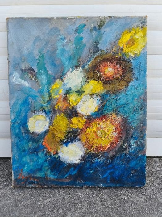 Huile sur toile fleurs signe jean legrand, Antiquités & Art, Enlèvement ou Envoi, Fleurs, Toile