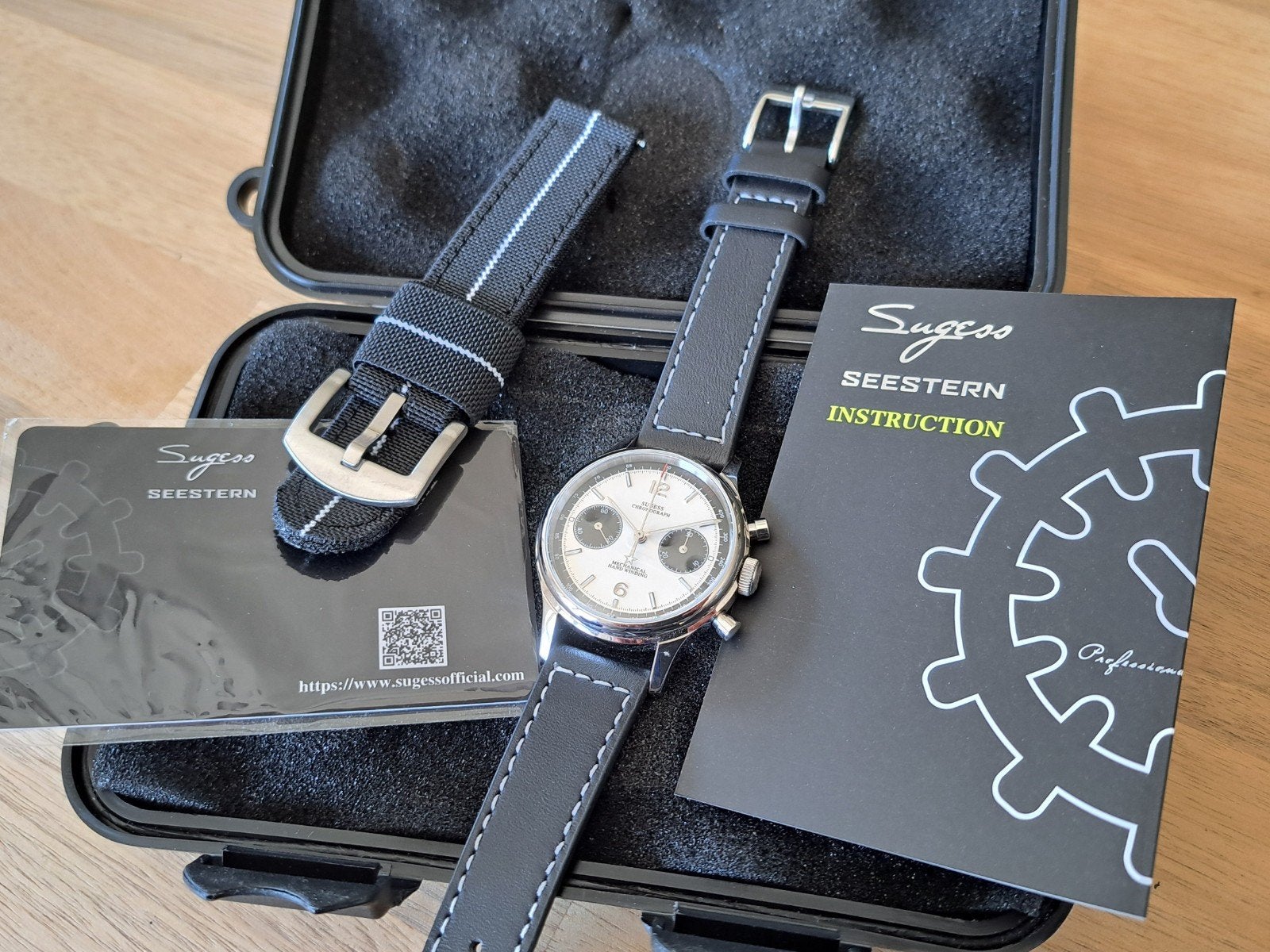 Sugess 1963-38 chronograaf (full set), Handtassen en Accessoires, Horloges | Heren, Overige merken, Leer, Staal, Polshorloge